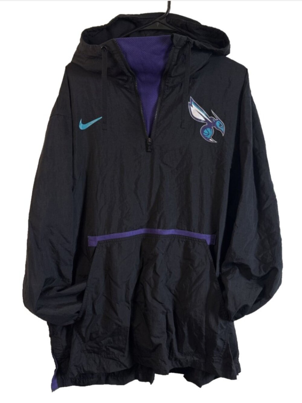 Charlotte Hornets NBA Nike Nylon Windbreaker Hoodie Jacket Mens XL Black 3/4 Zip